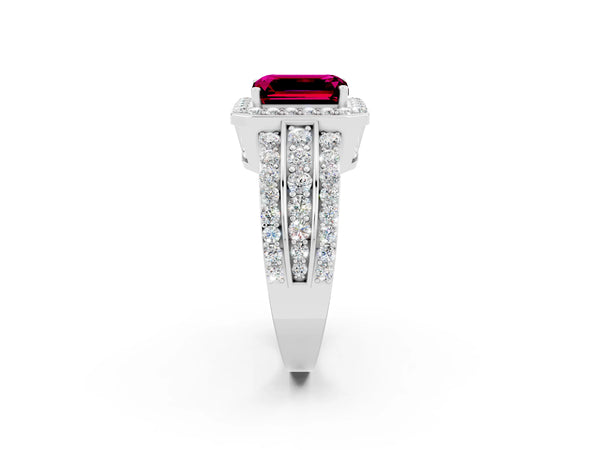 Silver Emerald Cut Halo Garnet Ring with Round  Split Shank and Prong Setting