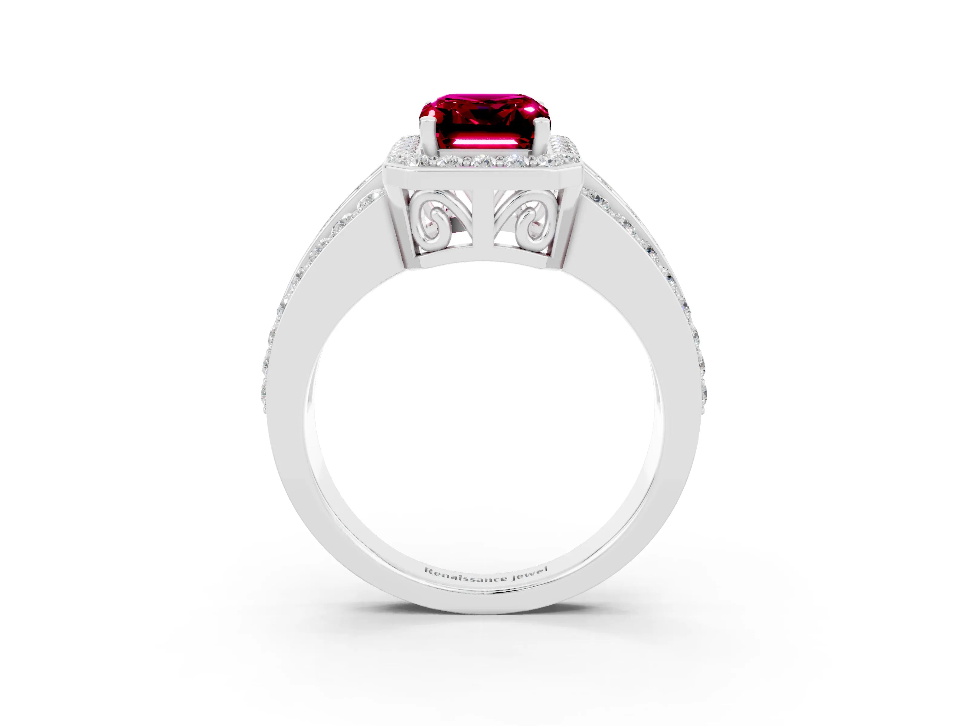 White gold Emerald Cut Halo Garnet Ring with Round  Split Shank and Prong Setting_15