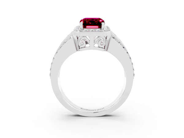 Silver Emerald Cut Halo Garnet Ring with Round  Split Shank and Prong Setting