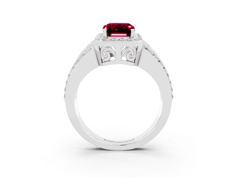White gold Emerald Cut Halo Garnet Ring with Round  Split Shank and Prong Setting_15