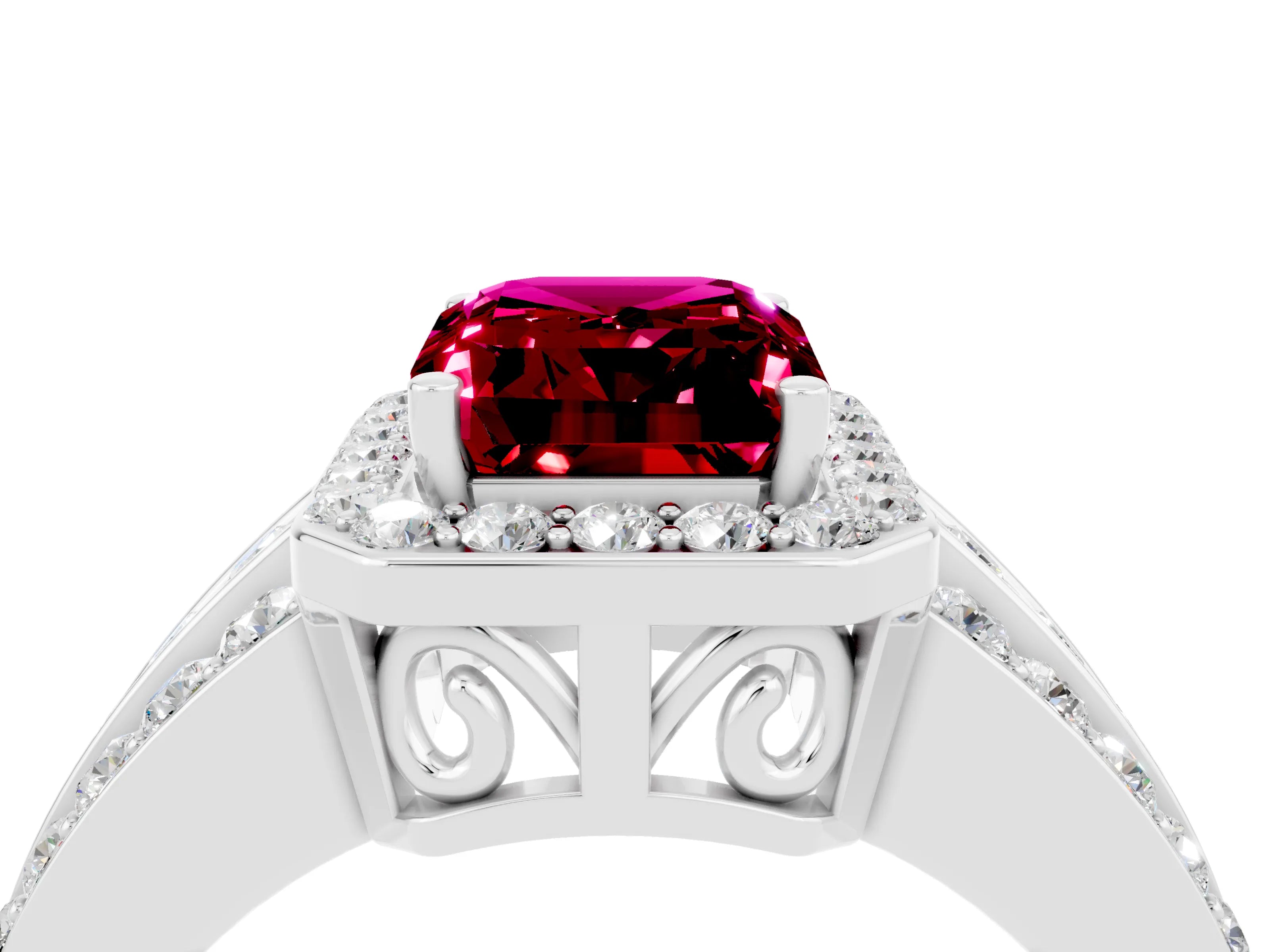 White gold Emerald Cut Halo Garnet Ring with Round  Split Shank and Prong Setting_16