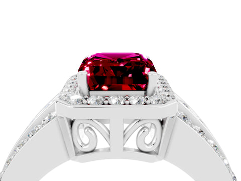 White gold Emerald Cut Halo Garnet Ring with Round  Split Shank and Prong Setting_16