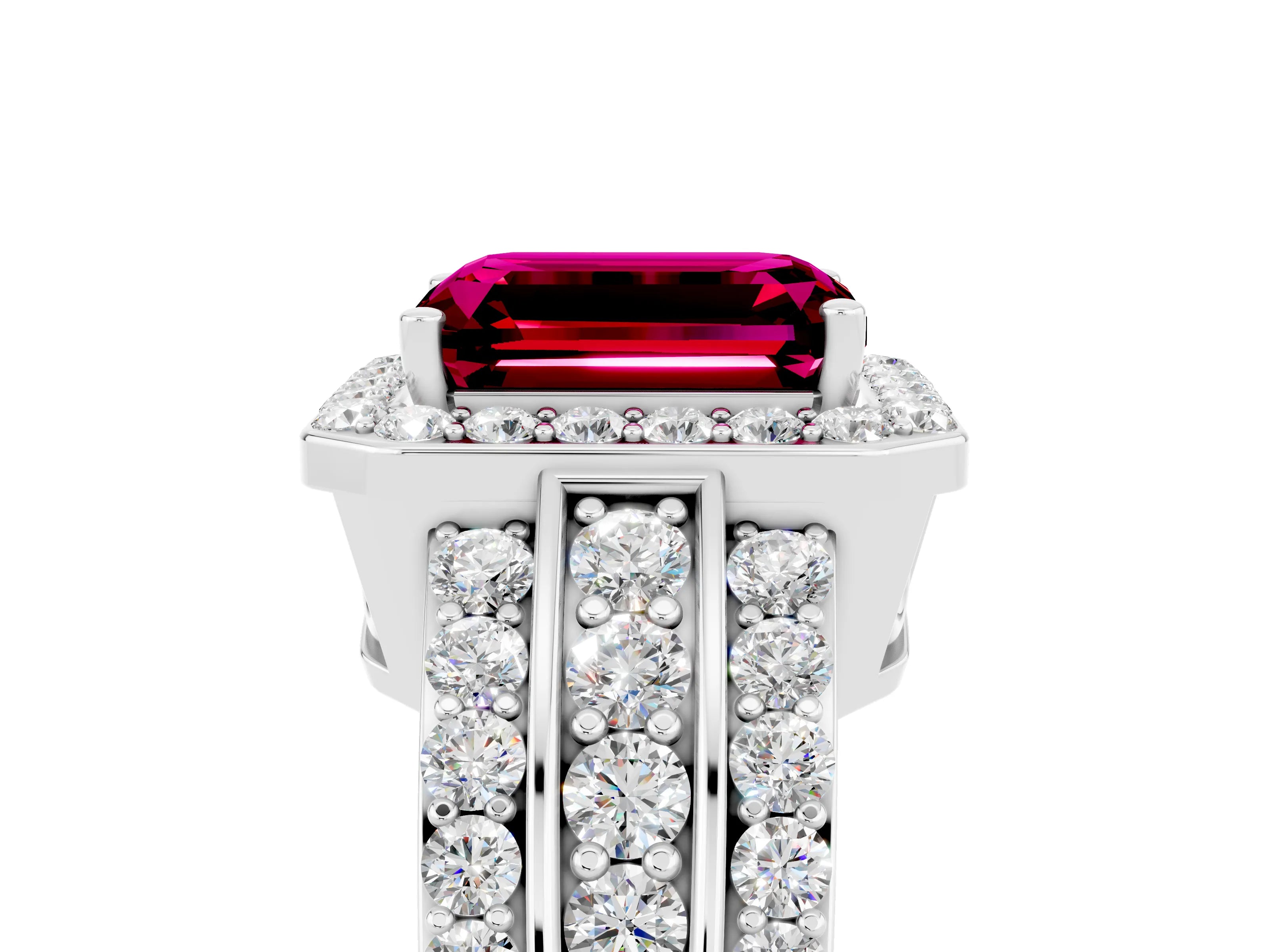 White gold Emerald Cut Halo Garnet Ring with Round  Split Shank and Prong Setting_17
