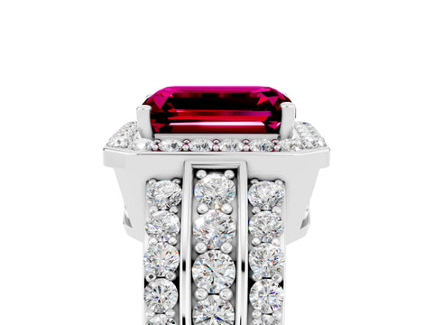 White gold Emerald Cut Halo Garnet Ring with Round  Split Shank and Prong Setting_17