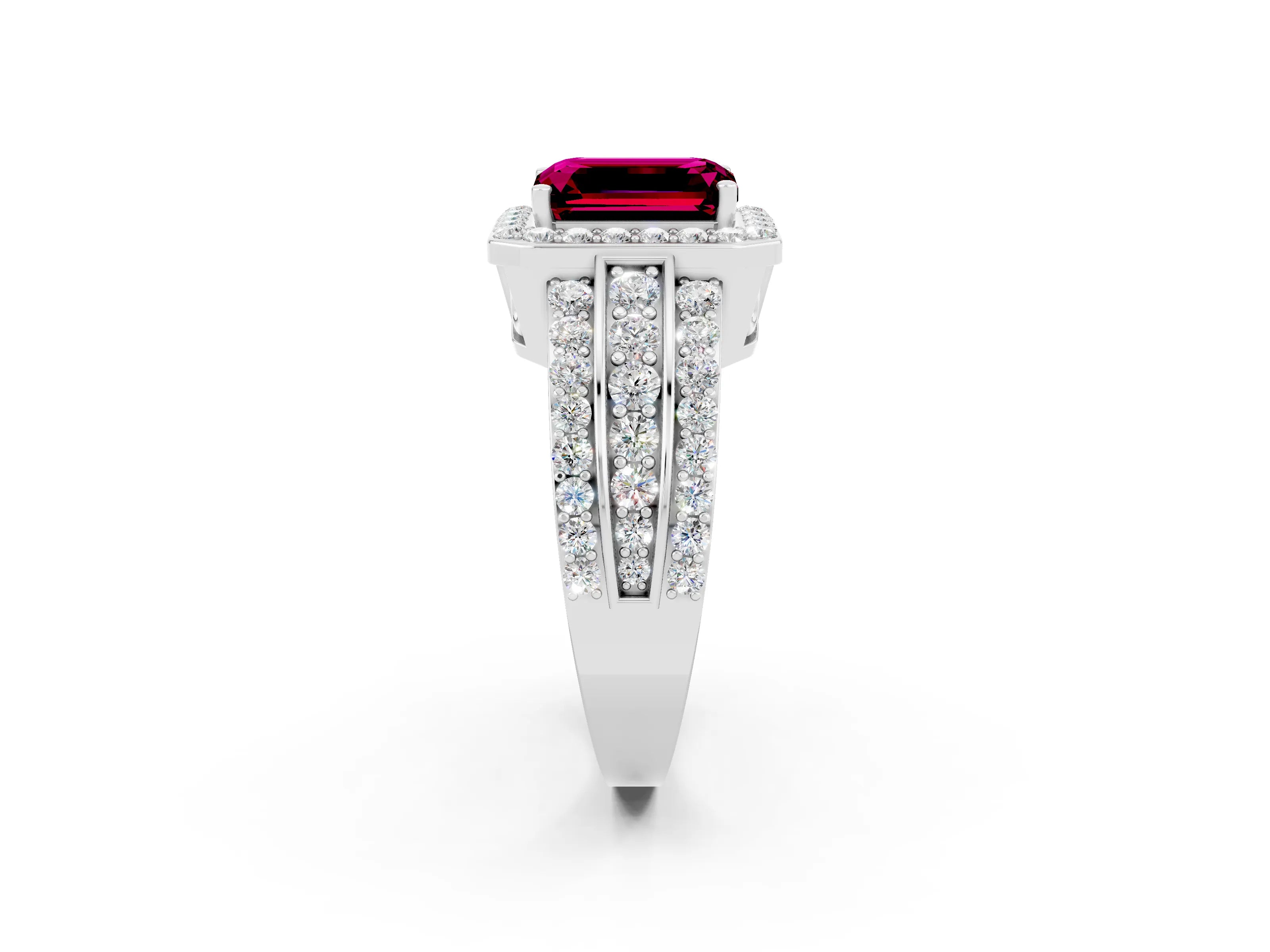 White gold Emerald Cut Halo Garnet Ring with Split Shank and Four-Prong Setting_2