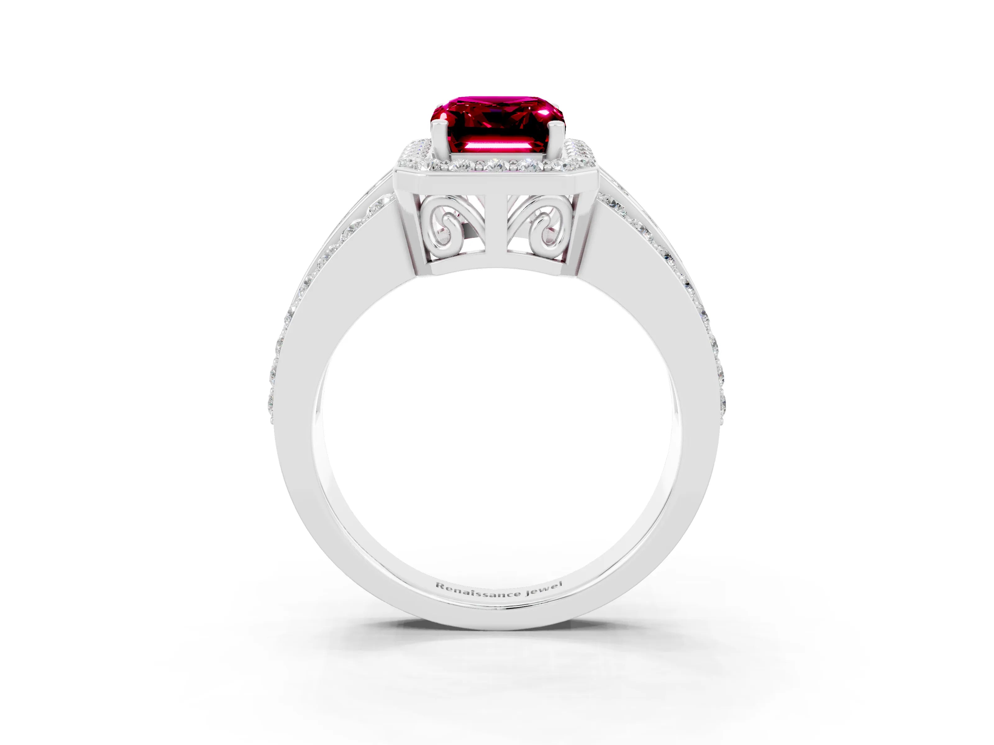 White gold Emerald Cut Halo Garnet Ring with Split Shank and Four-Prong Setting_3