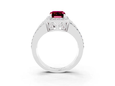 White gold Emerald Cut Halo Garnet Ring with Split Shank and Four-Prong Setting_3