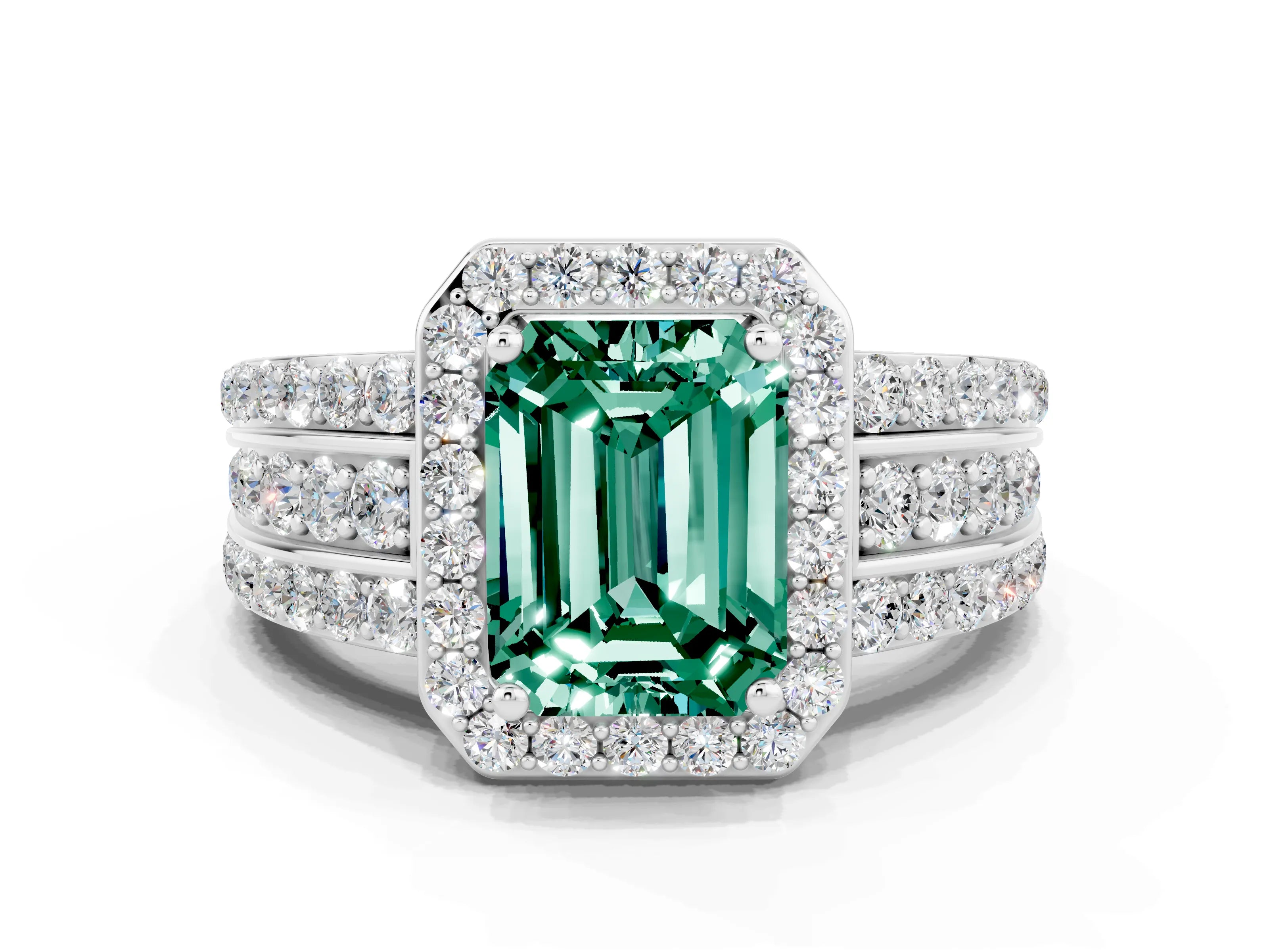 White gold Emerald Cut Halo Green Sapphire Ring with Round  Split Shank and Prong Setting_12