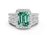 White gold Emerald Cut Halo Green Sapphire Ring with Round  Split Shank and Prong Setting_12