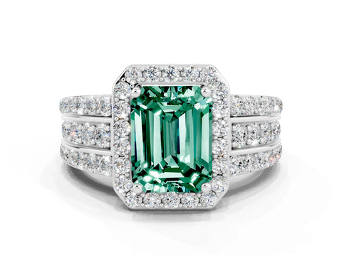 White gold Emerald Cut Halo Green Sapphire Ring with Round  Split Shank and Prong Setting_12