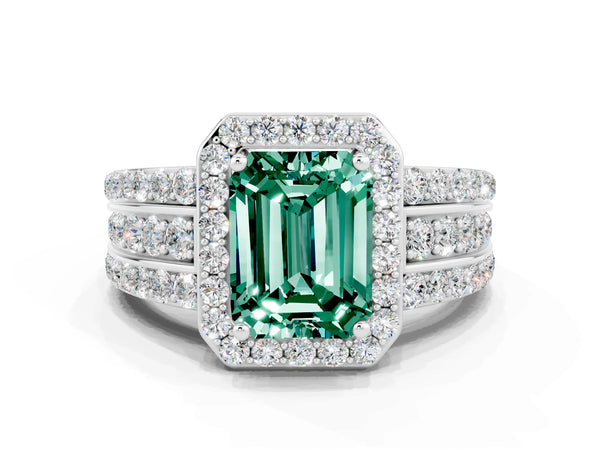 Silver Emerald Cut Halo Green Sapphire Ring with Round  Split Shank and Prong Setting