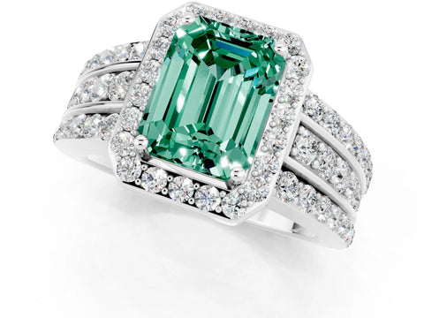 White gold Emerald Cut Halo Green Sapphire Ring with Round  Split Shank and Prong Setting_13
