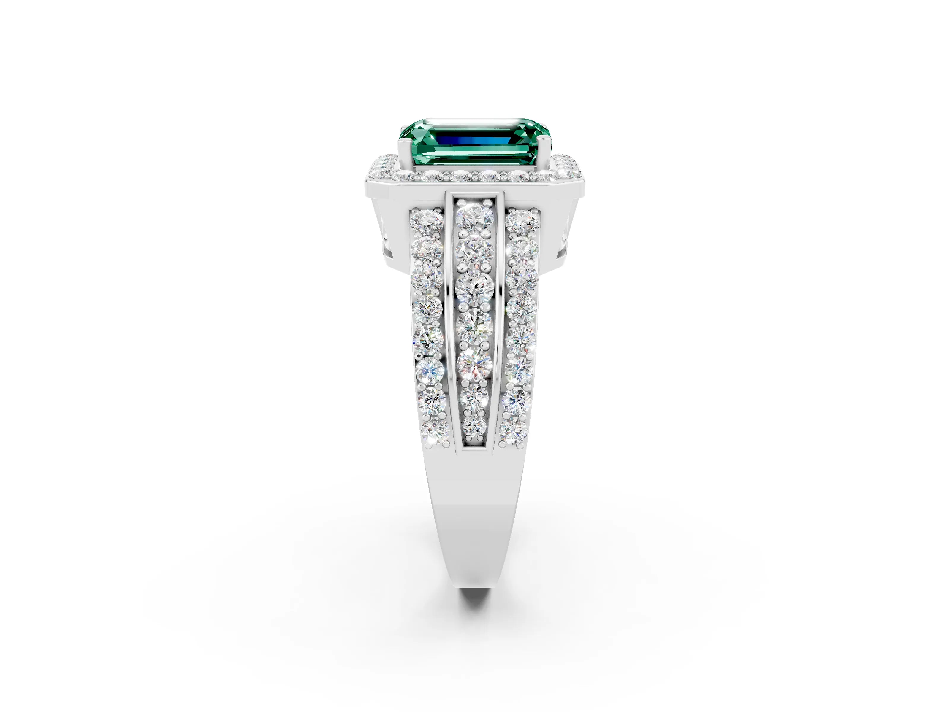 White gold Emerald Cut Halo Green Sapphire Ring with Round  Split Shank and Prong Setting_14