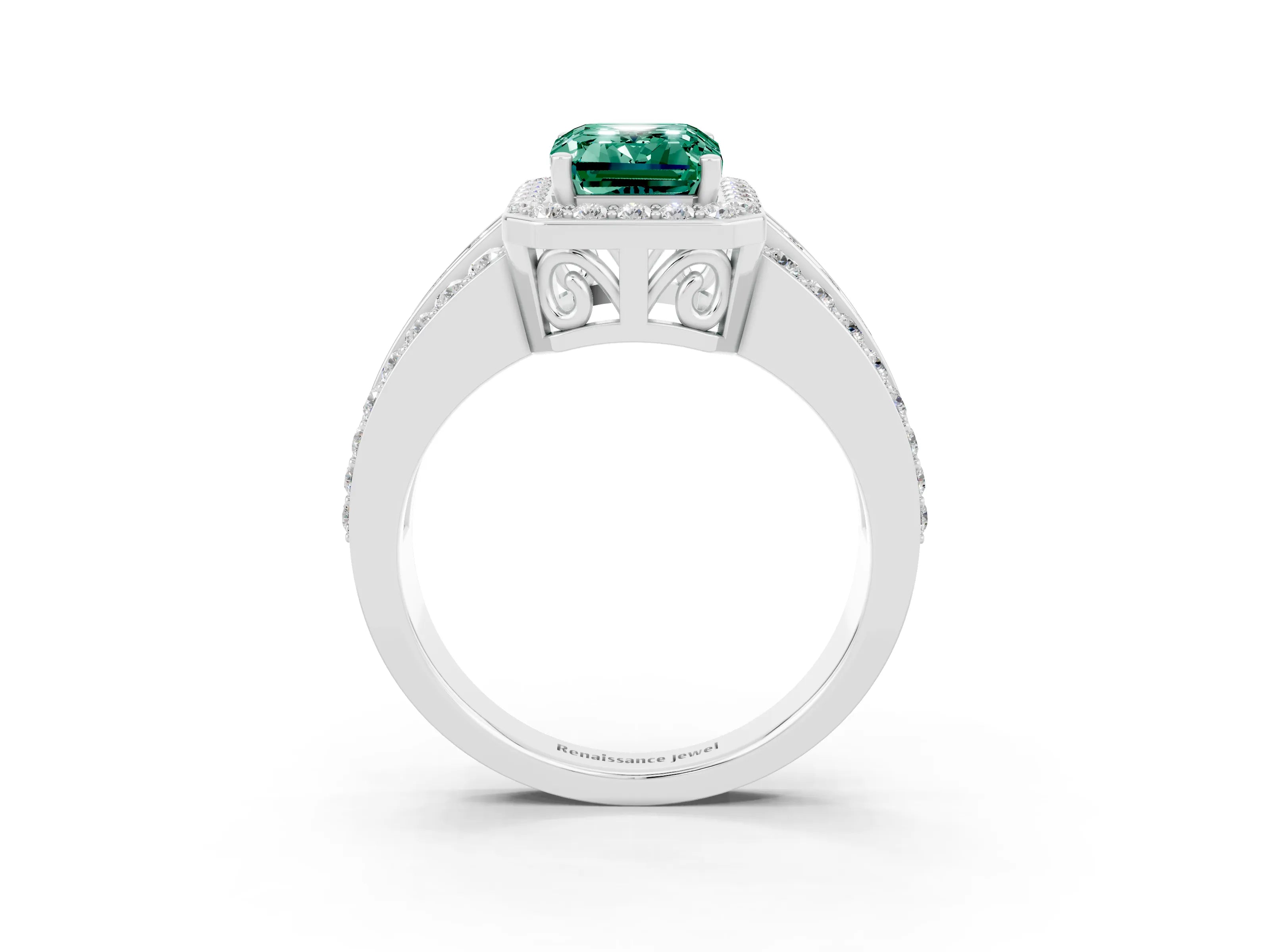 White gold Emerald Cut Halo Green Sapphire Ring with Round  Split Shank and Prong Setting_15