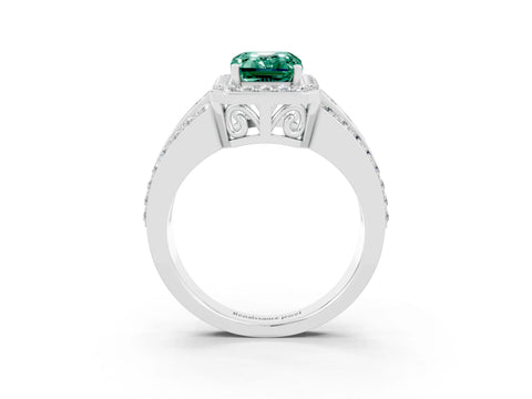 White gold Emerald Cut Halo Green Sapphire Ring with Round  Split Shank and Prong Setting_15