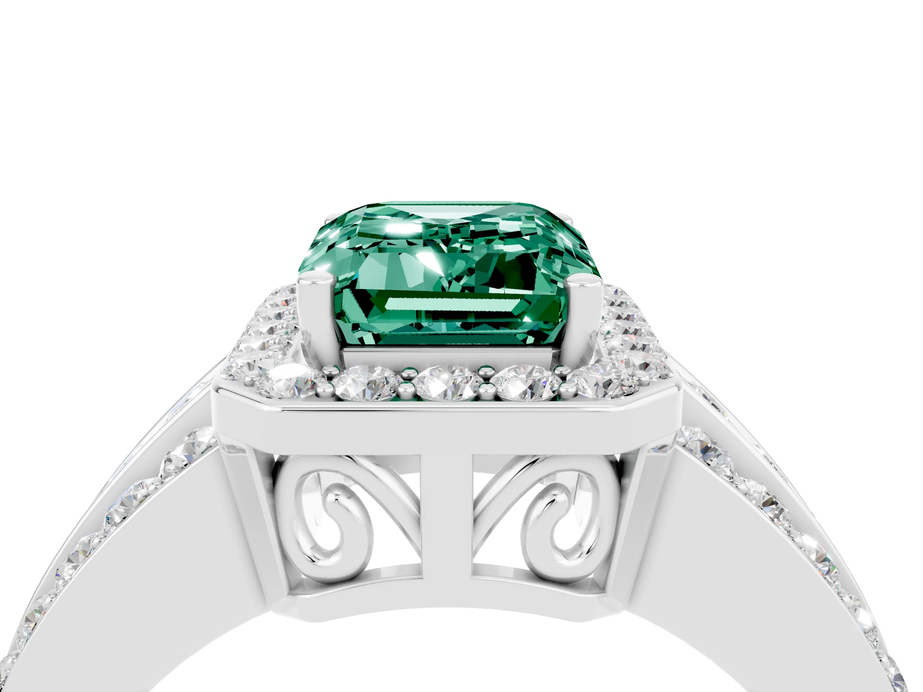 White gold Emerald Cut Halo Green Sapphire Ring with Round  Split Shank and Prong Setting_16