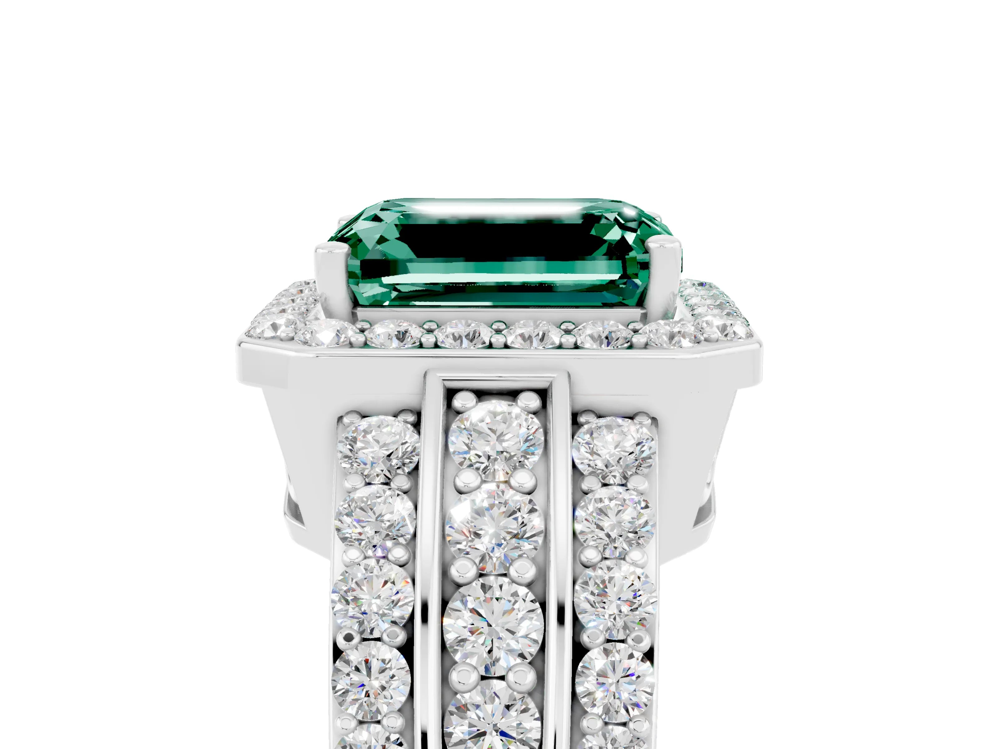 White gold Emerald Cut Halo Green Sapphire Ring with Round  Split Shank and Prong Setting_17