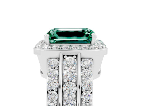 White gold Emerald Cut Halo Green Sapphire Ring with Round  Split Shank and Prong Setting_17