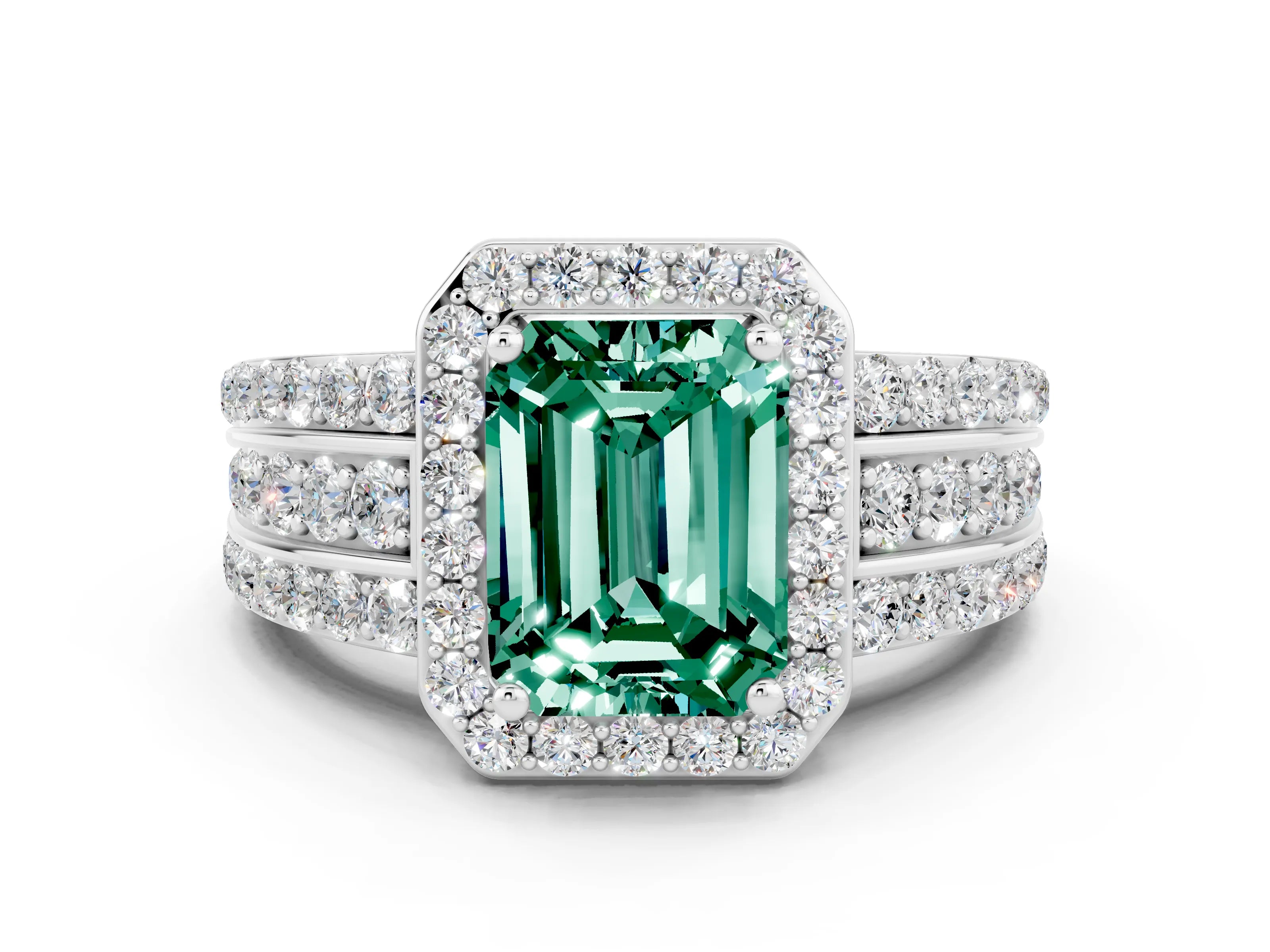 White gold Emerald Cut Halo Green Sapphire Ring with Split Shank and Four-Prong Setting