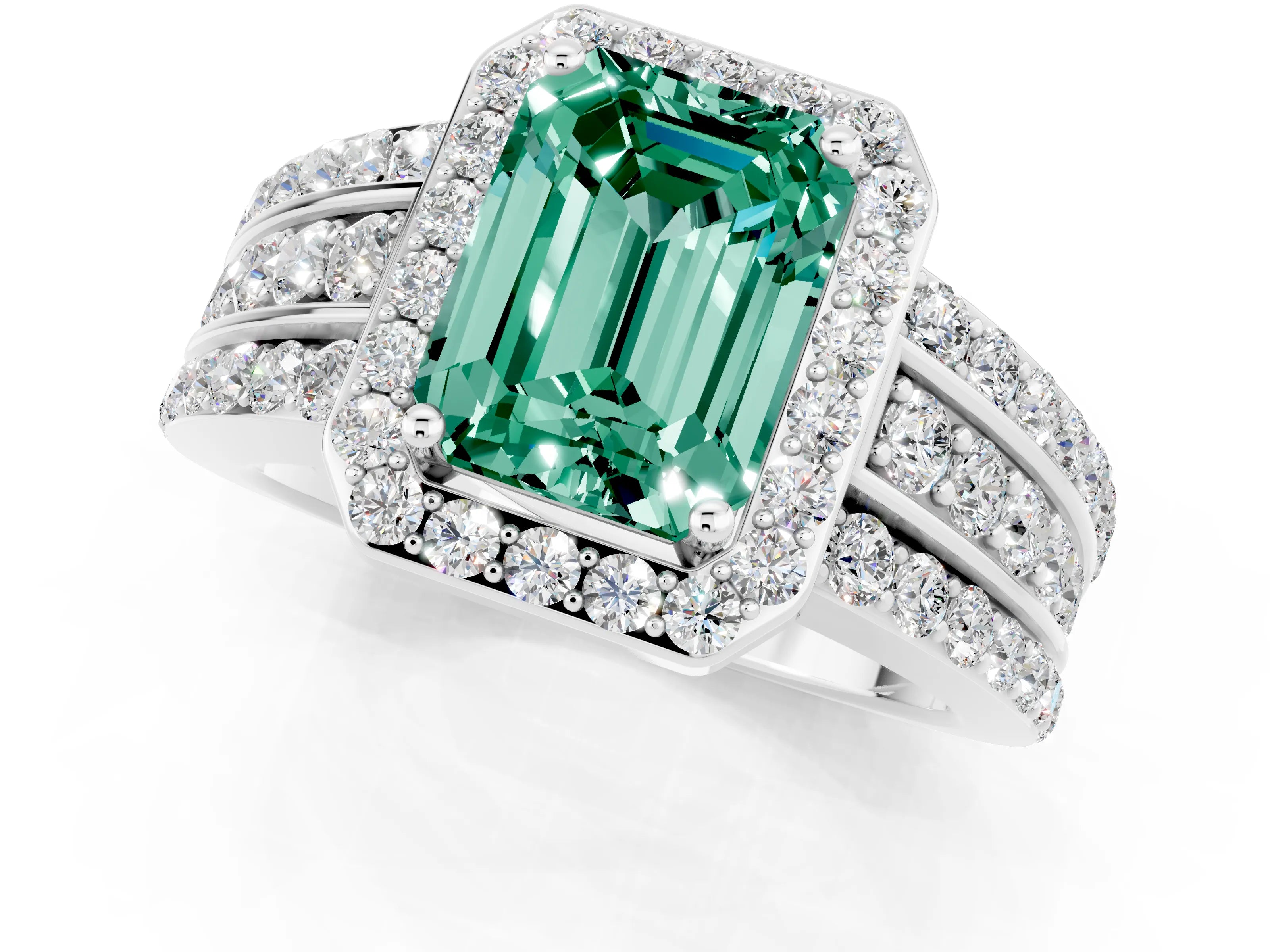 White gold Emerald Cut Halo Green Sapphire Ring with Split Shank and Four-Prong Setting_1