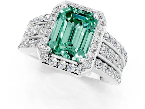 White gold Emerald Cut Halo Green Sapphire Ring with Split Shank and Four-Prong Setting_1