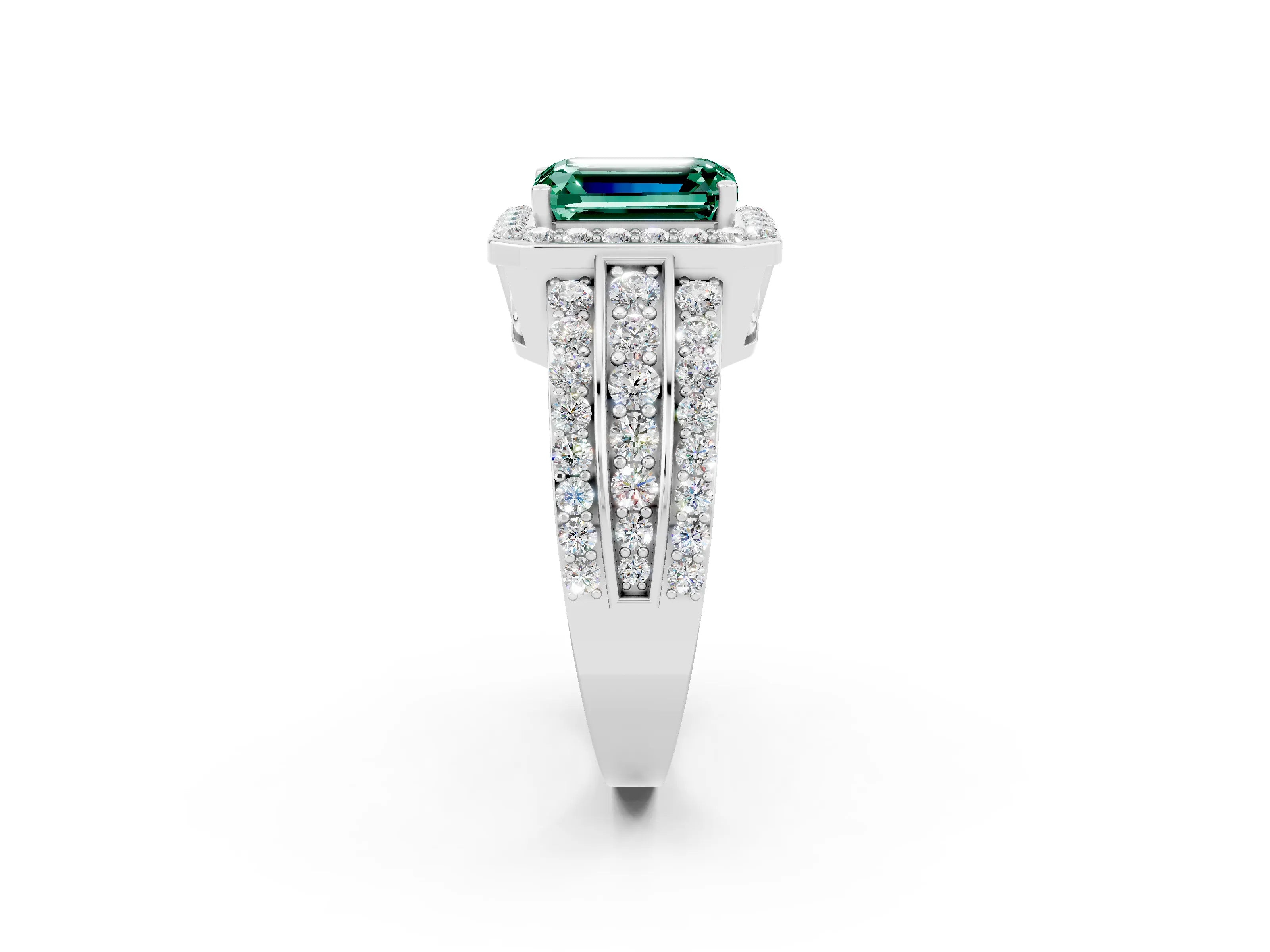 White gold Emerald Cut Halo Green Sapphire Ring with Split Shank and Four-Prong Setting_2