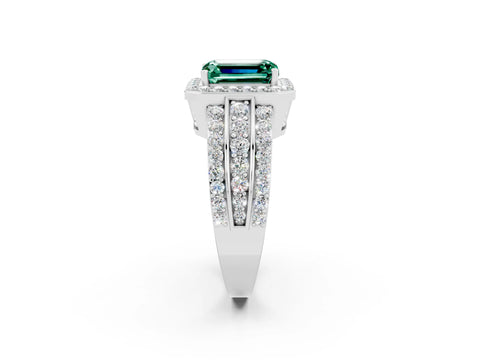 White gold Emerald Cut Halo Green Sapphire Ring with Split Shank and Four-Prong Setting_2