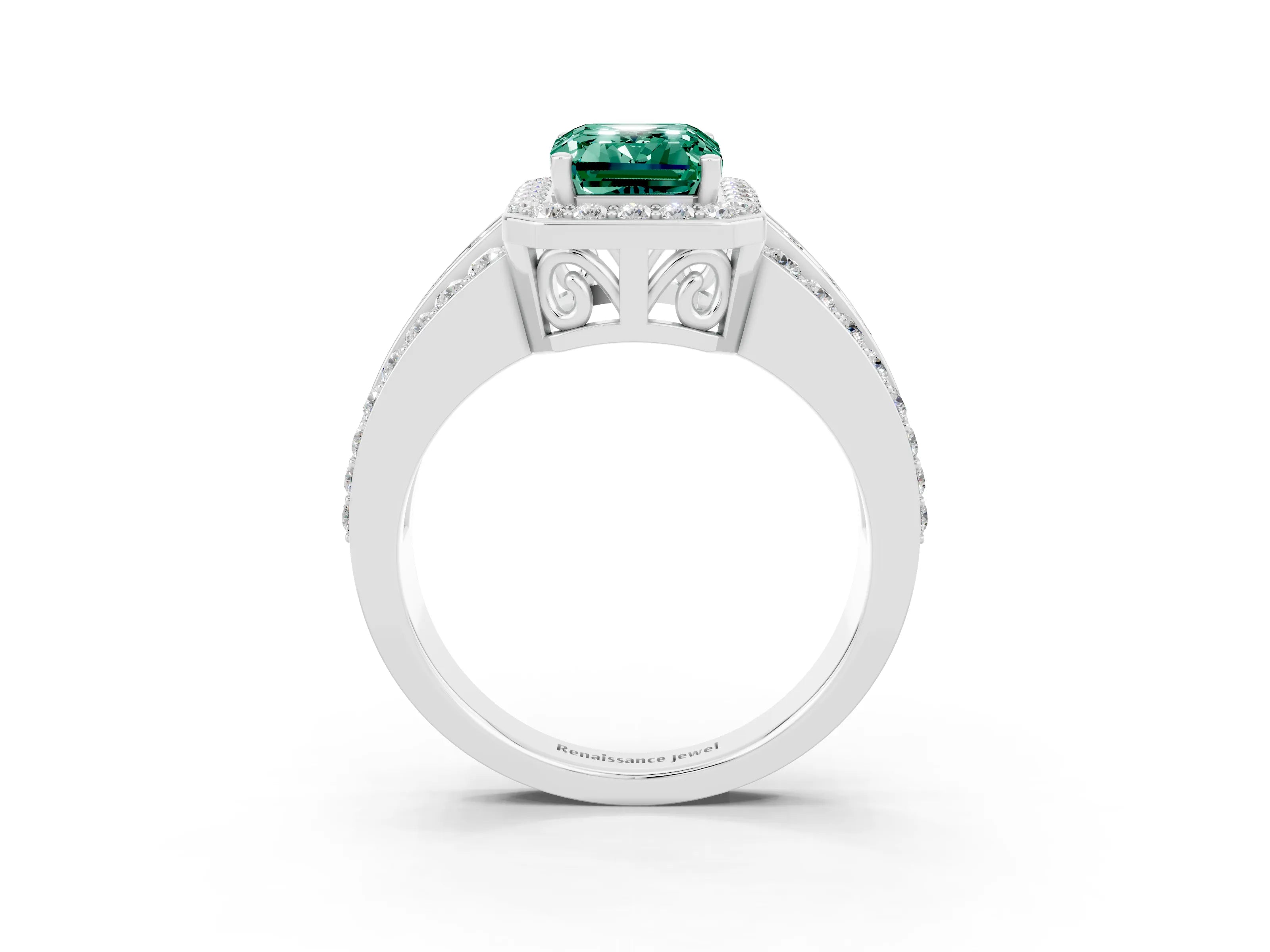 White gold Emerald Cut Halo Green Sapphire Ring with Split Shank and Four-Prong Setting_3