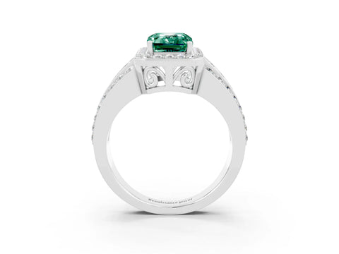 White gold Emerald Cut Halo Green Sapphire Ring with Split Shank and Four-Prong Setting_3
