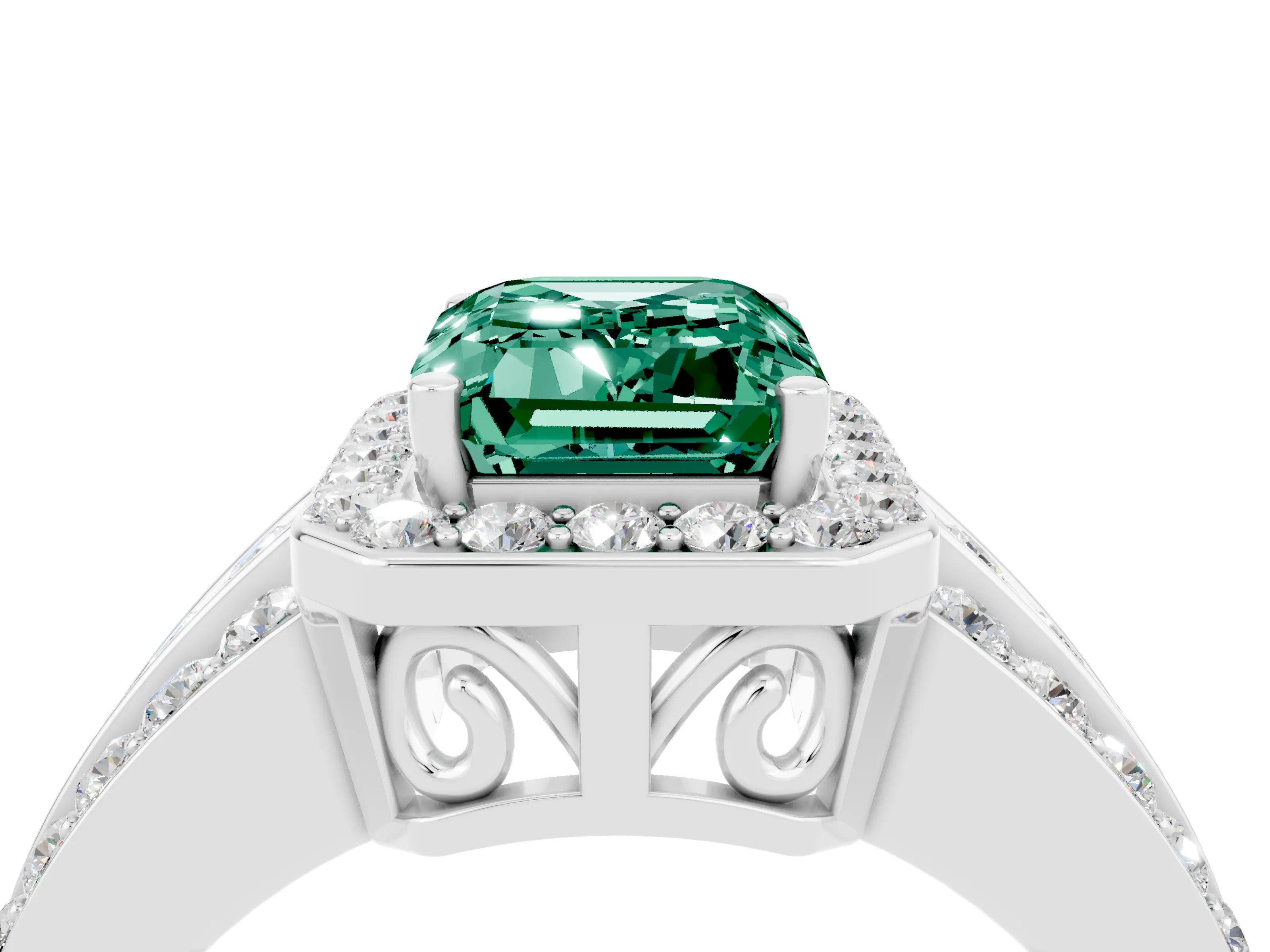White gold Emerald Cut Halo Green Sapphire Ring with Split Shank and Four-Prong Setting_4