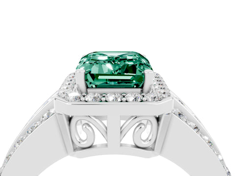 White gold Emerald Cut Halo Green Sapphire Ring with Split Shank and Four-Prong Setting_4