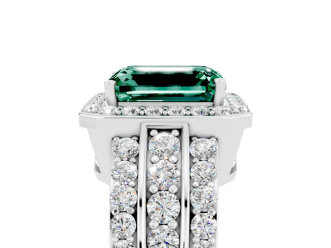White gold Emerald Cut Halo Green Sapphire Ring with Split Shank and Four-Prong Setting_5