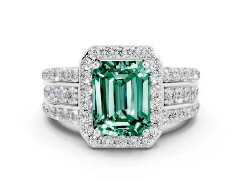 White gold Emerald Cut Halo Green Sapphire Ring with Split Shank and Four-Prong Setting