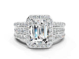 White gold Emerald Cut Halo Moissanite Ring with Round  Split Shank and Prong Setting_12