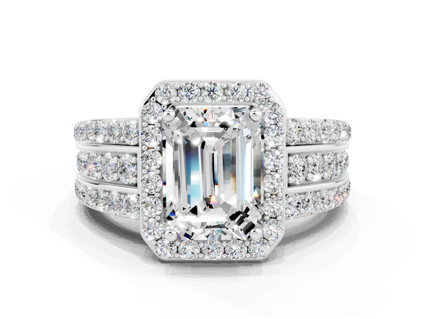White gold Emerald Cut Halo Moissanite Ring with Round  Split Shank and Prong Setting