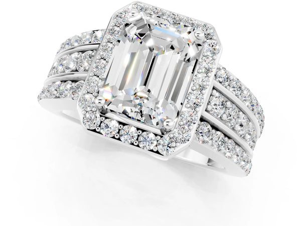 Platinum Emerald Cut Halo Moissanite Ring with Round  Split Shank and Prong Setting