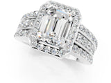 White gold Emerald Cut Halo Moissanite Ring with Round  Split Shank and Prong Setting_13