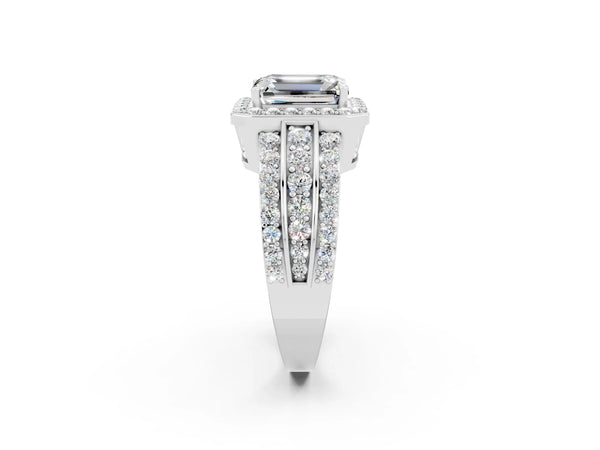 Platinum Emerald Cut Halo Moissanite Ring with Round  Split Shank and Prong Setting