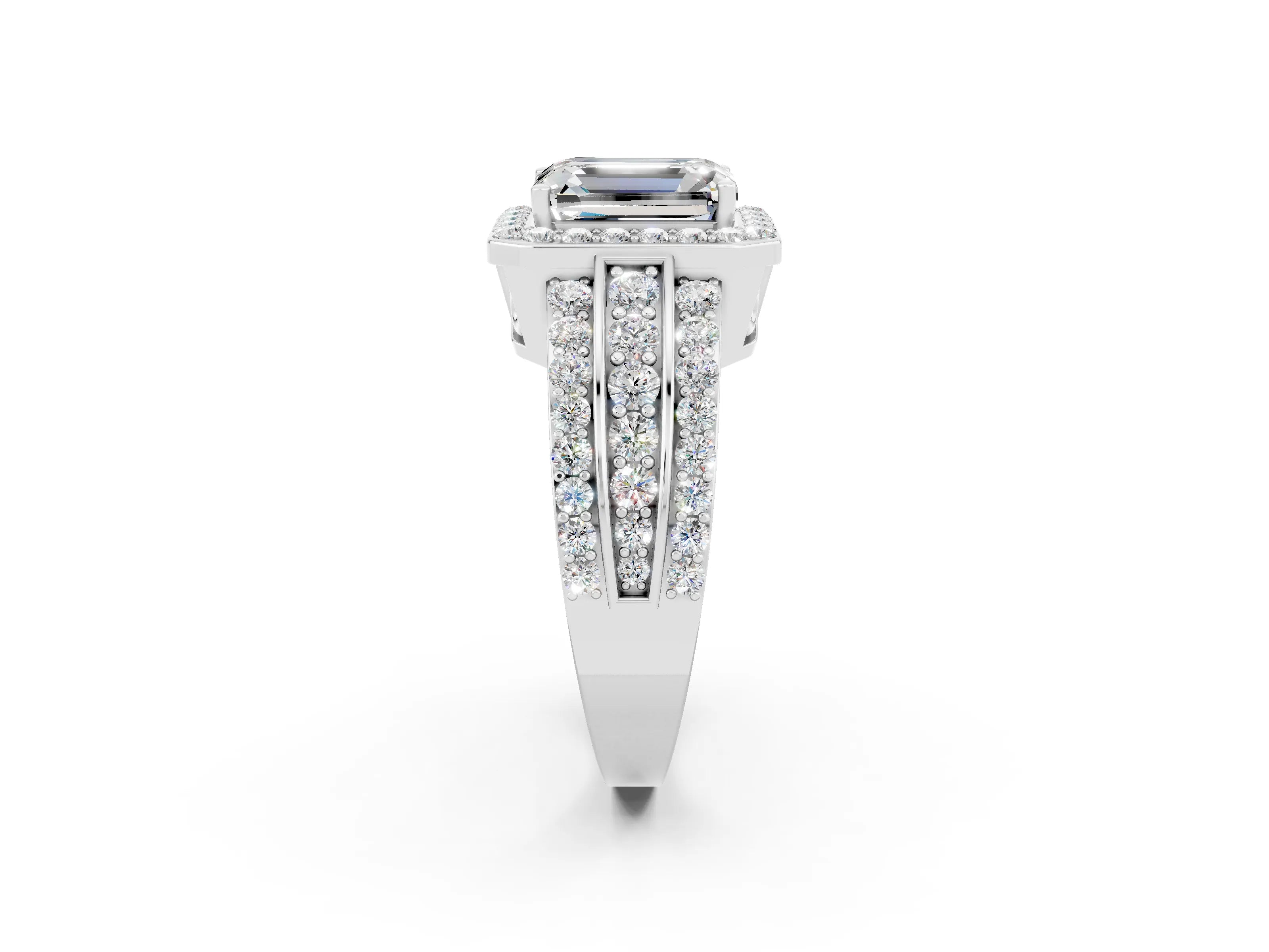 White gold Emerald Cut Halo Moissanite Ring with Round  Split Shank and Prong Setting_14