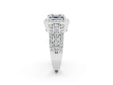 White gold Emerald Cut Halo Moissanite Ring with Round  Split Shank and Prong Setting_14