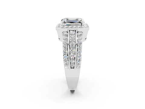 White gold Emerald Cut Halo Moissanite Ring with Round  Split Shank and Prong Setting_14