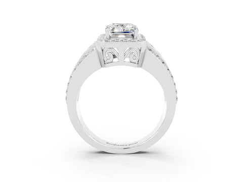 White gold Emerald Cut Halo Moissanite Ring with Round  Split Shank and Prong Setting_15
