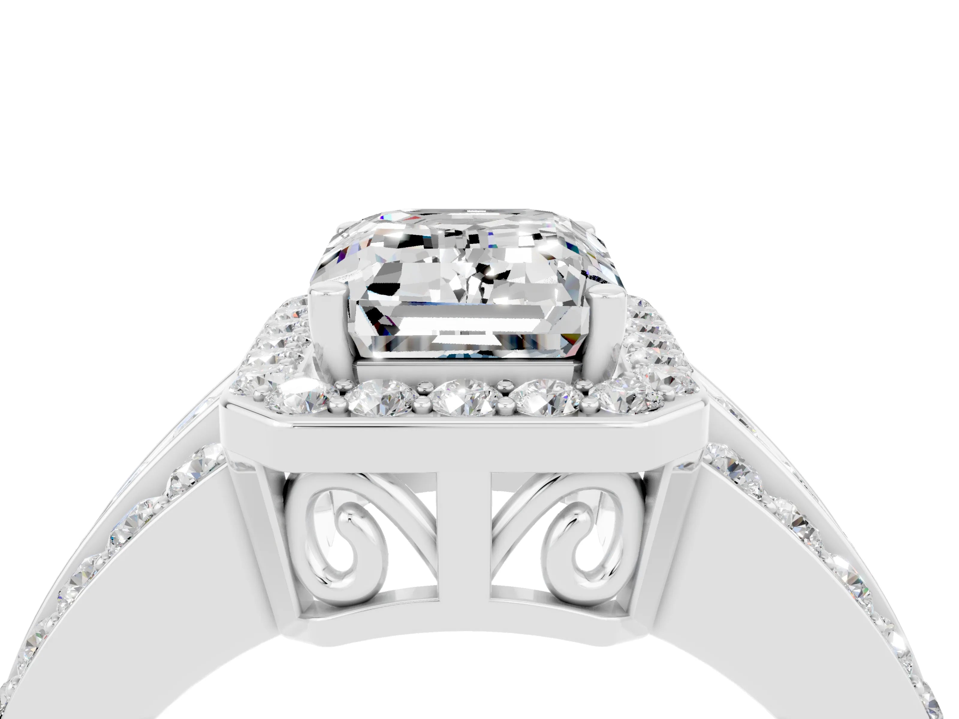White gold Emerald Cut Halo Moissanite Ring with Round  Split Shank and Prong Setting_16