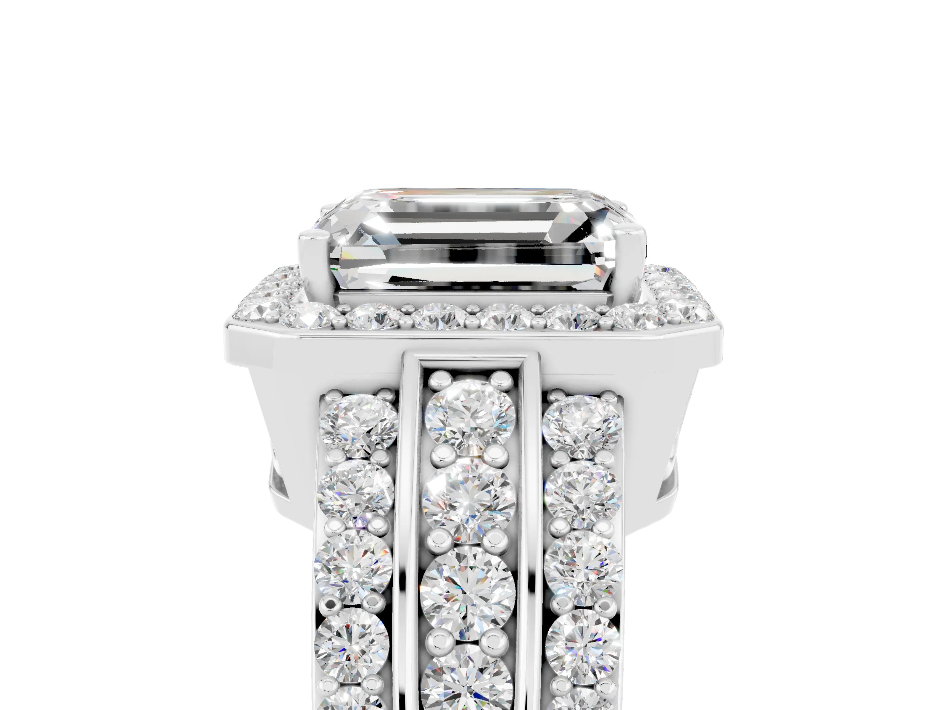 White gold Emerald Cut Halo Moissanite Ring with Round  Split Shank and Prong Setting_17