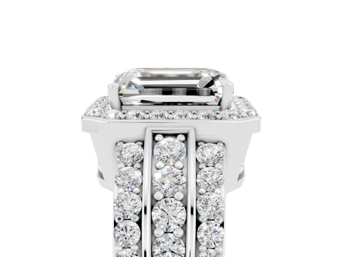 White gold Emerald Cut Halo Moissanite Ring with Round  Split Shank and Prong Setting_17