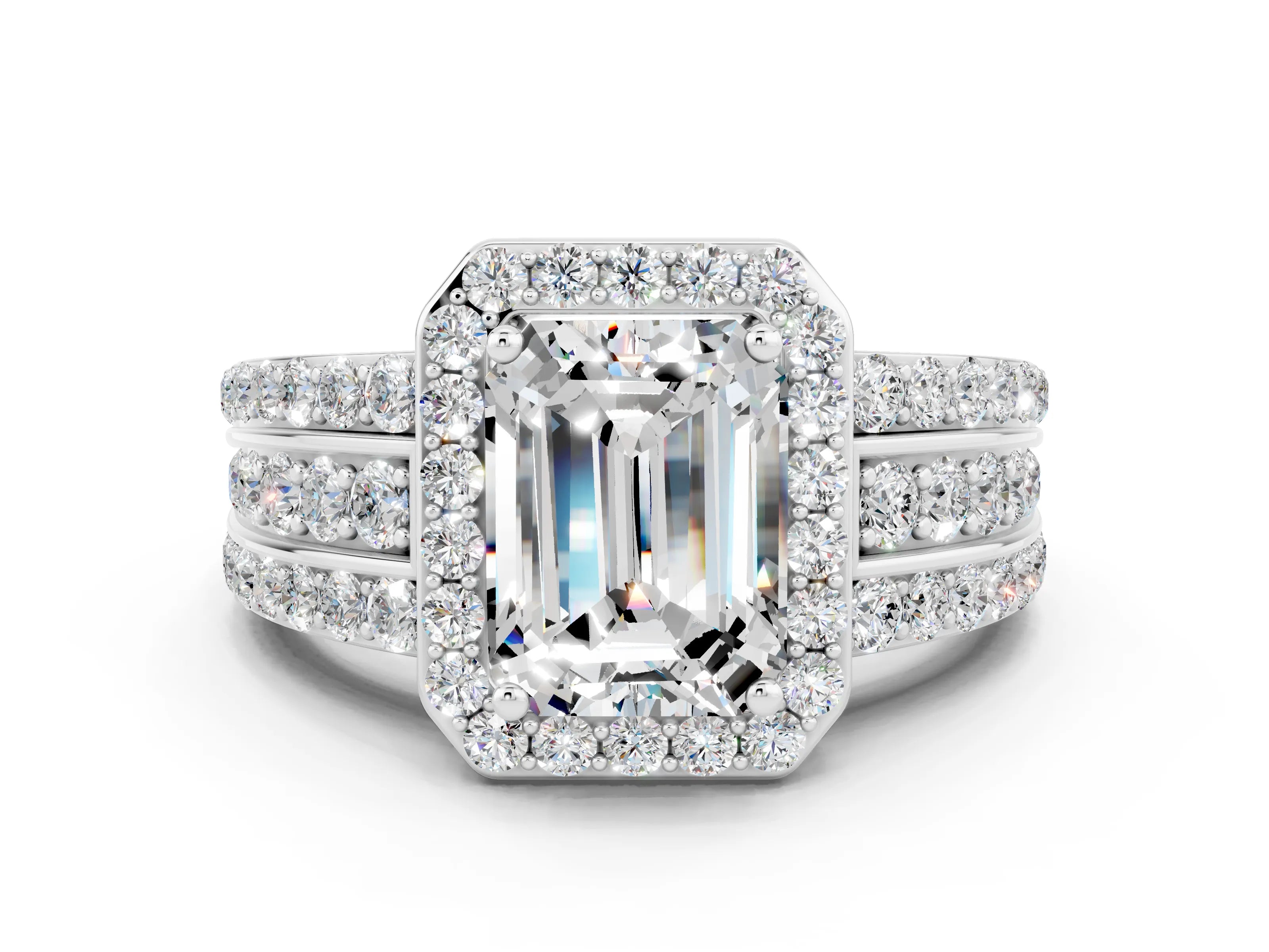 White gold Emerald Cut Halo Moissanite Ring with Split Shank and Four-Prong Setting