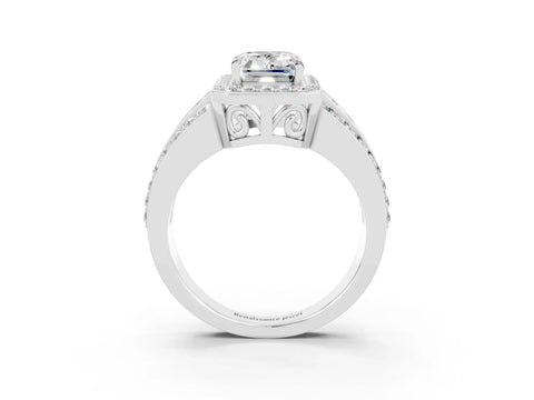 White gold Emerald Cut Halo Moissanite Ring with Split Shank and Four-Prong Setting_3