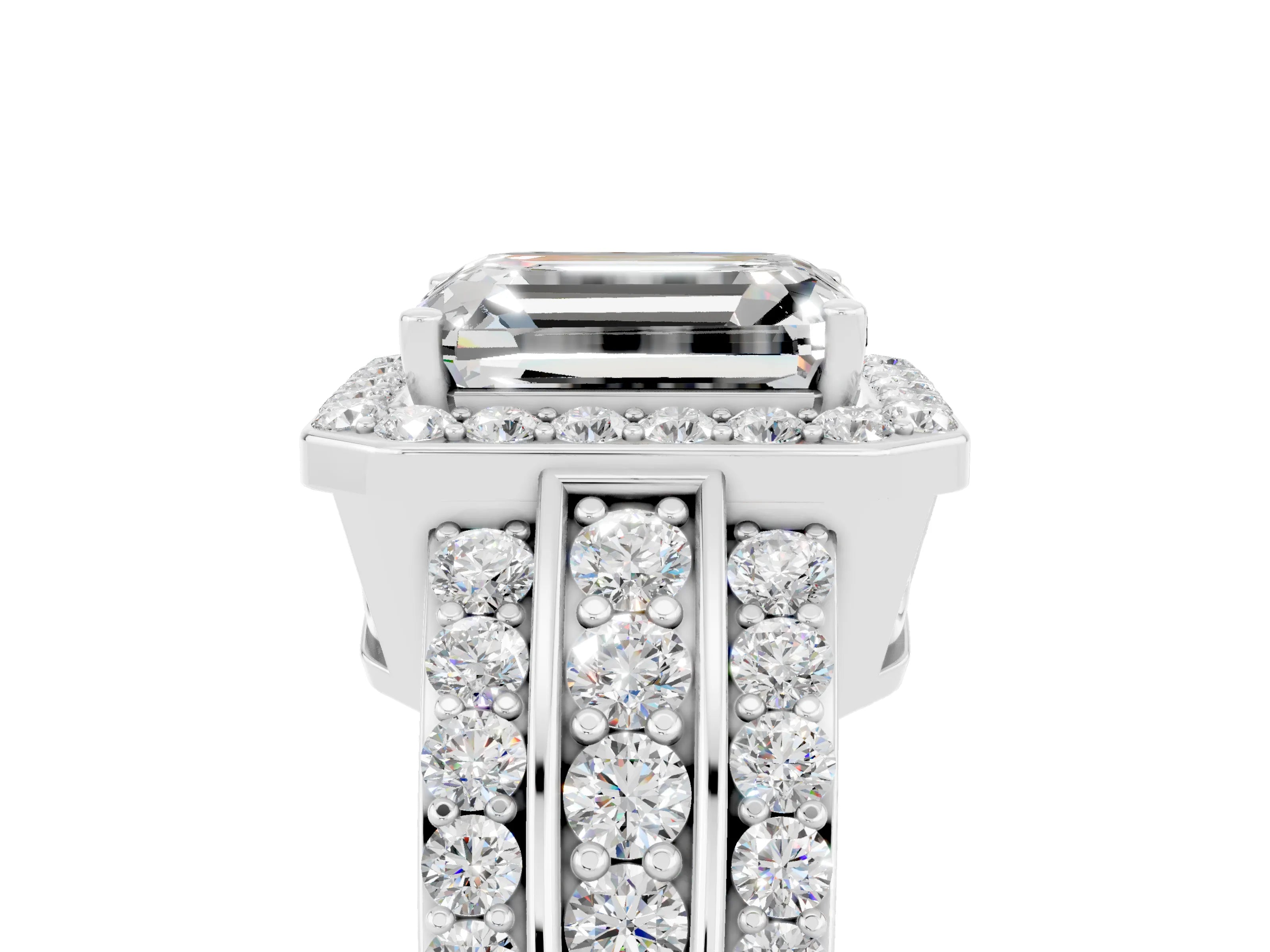 White gold Emerald Cut Halo Moissanite Ring with Split Shank and Four-Prong Setting_5