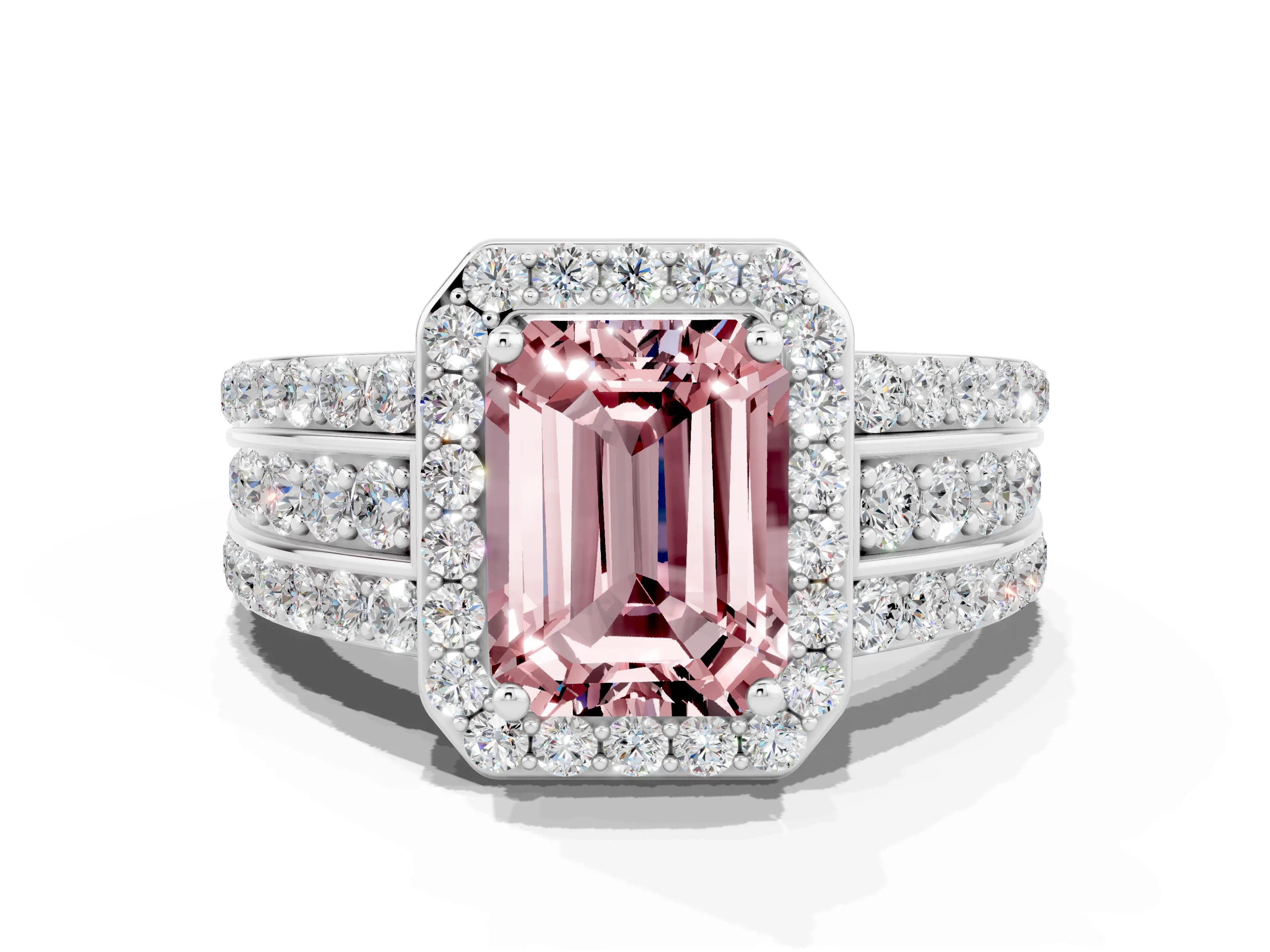 White gold Emerald Cut Halo Morganite Ring with Round  Split Shank and Prong Setting_12