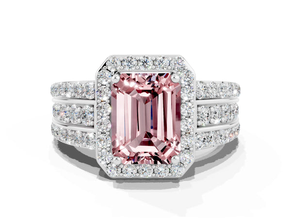 Silver Emerald Cut Halo Morganite Ring with Round  Split Shank and Prong Setting